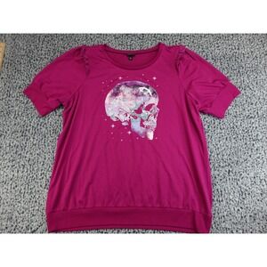 Torrid Skull Graphic Top Womens 2 Magenta Pink Excellent Ruffle Puff Sleeve